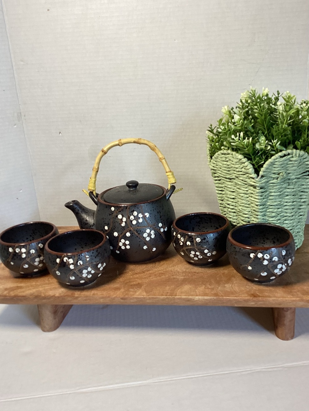 New Japanese Ceramic Black Sakura Teapot Set with Bamboo Handle - 5-Piece